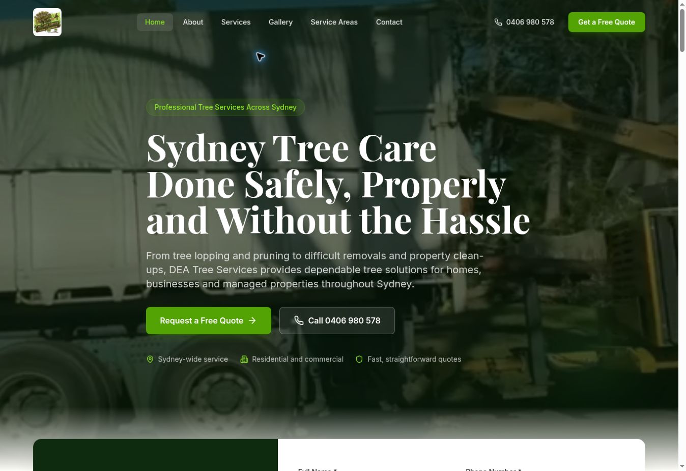 Actual DEA Tree Services website on desktop