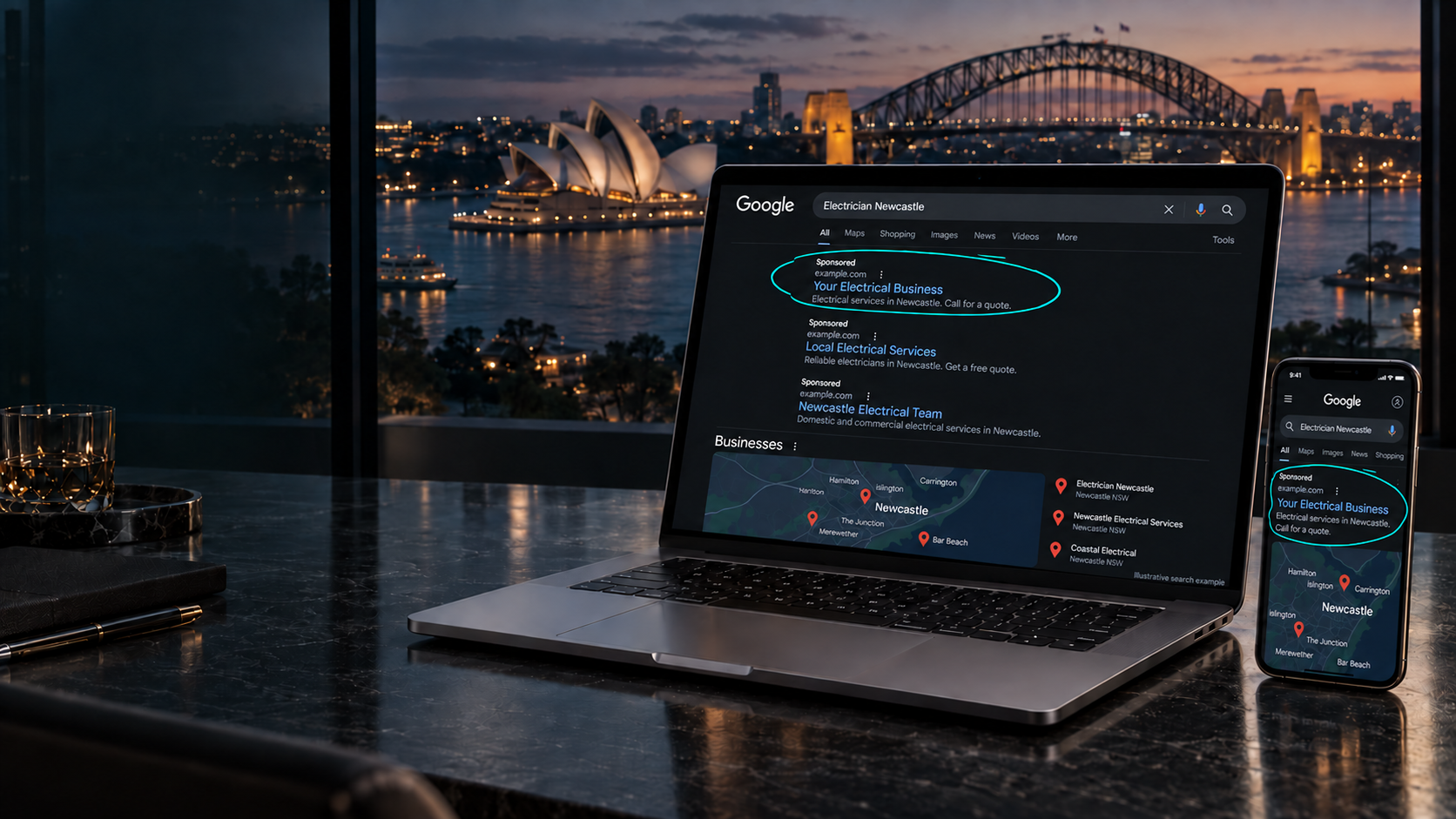 Illustrative Electrician Newcastle Google search on a laptop: three sponsored listings above a local map, with the first sponsored listing circled in teal on both the laptop and phone.